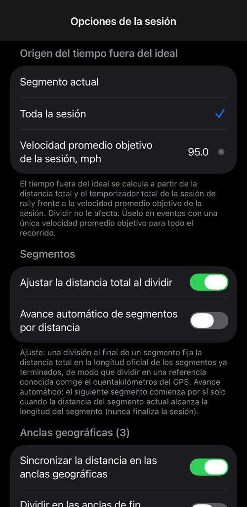 Opciones de la sesión: origen del tiempo perfecto, comportamiento de los segmentos y anclas geográficas