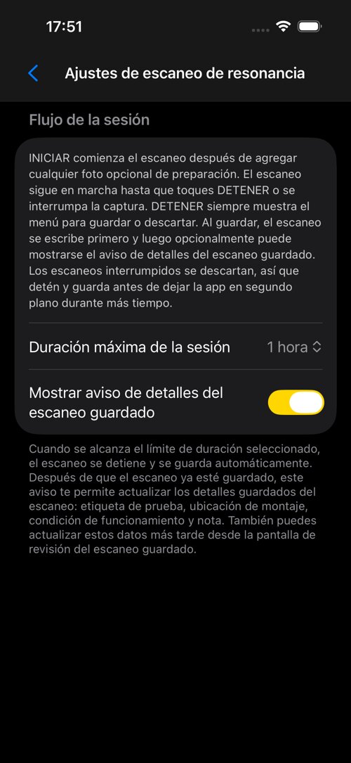 Pantalla de ajustes de Escaneo de resonancia