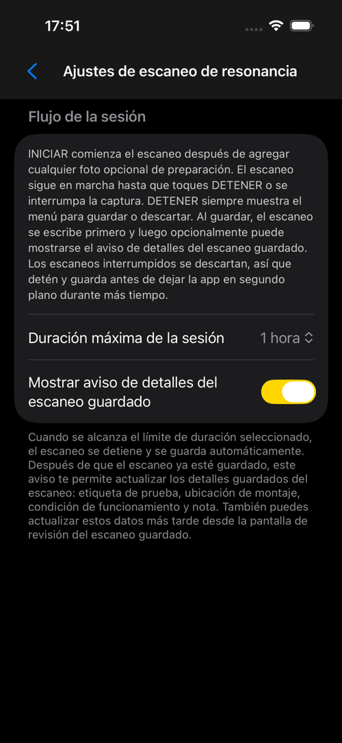 Pantalla de ajustes de Escaneo de resonancia