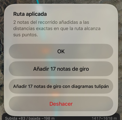 El resumen después de Aplicar: dos notas del recorrido añadidas a sus distancias exactas, la oferta de añadir 17 notas de giro con o sin diagramas tulipán, OK y Deshacer