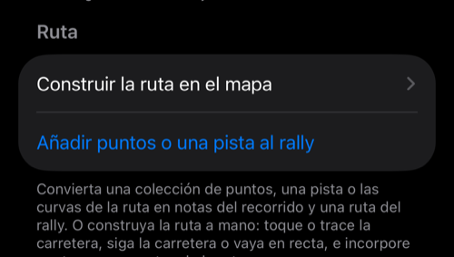 Configuración de rally: el grupo Libro de ruta con Construir la ruta en el mapa y Añadir puntos o una pista al rally en la sección Ruta