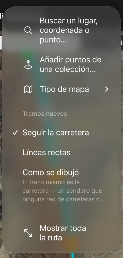 El menú ⋯ del editor de ruta: búsqueda, añadir puntos, tipo de mapa, el tipo de los tramos nuevos y Mostrar toda la ruta