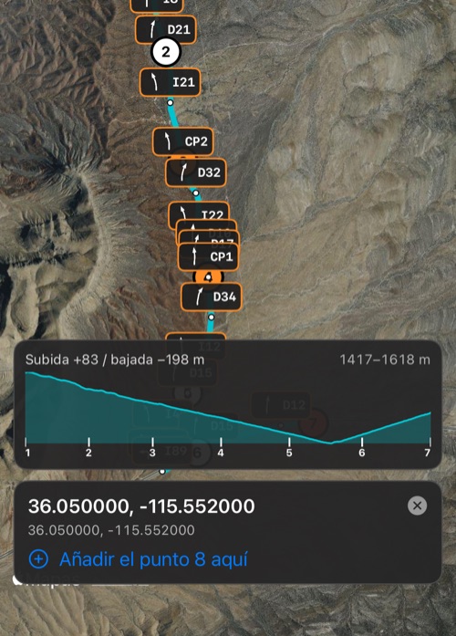 Un resultado de búsqueda por coordenadas marcado en el mapa, con Añadir el punto 8 aquí