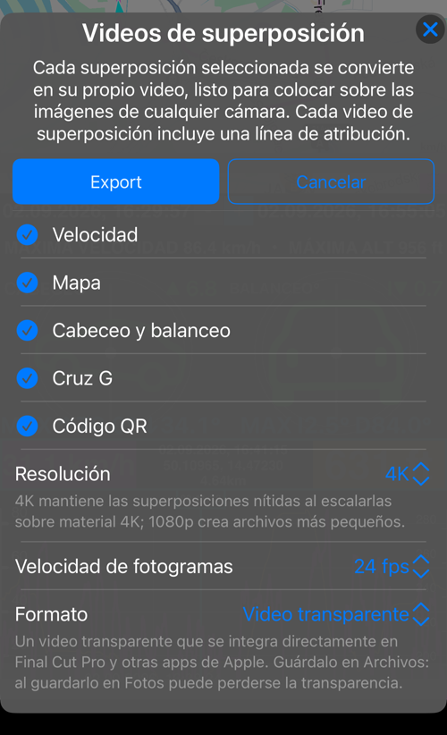 Opciones de vídeos de superposición para un track: «Velocidad», «Mapa», «Cabeceo y balanceo», «Cruz G» y «Código QR» seleccionados, y debajo «Resolución», «Velocidad de fotogramas» y «Formato»