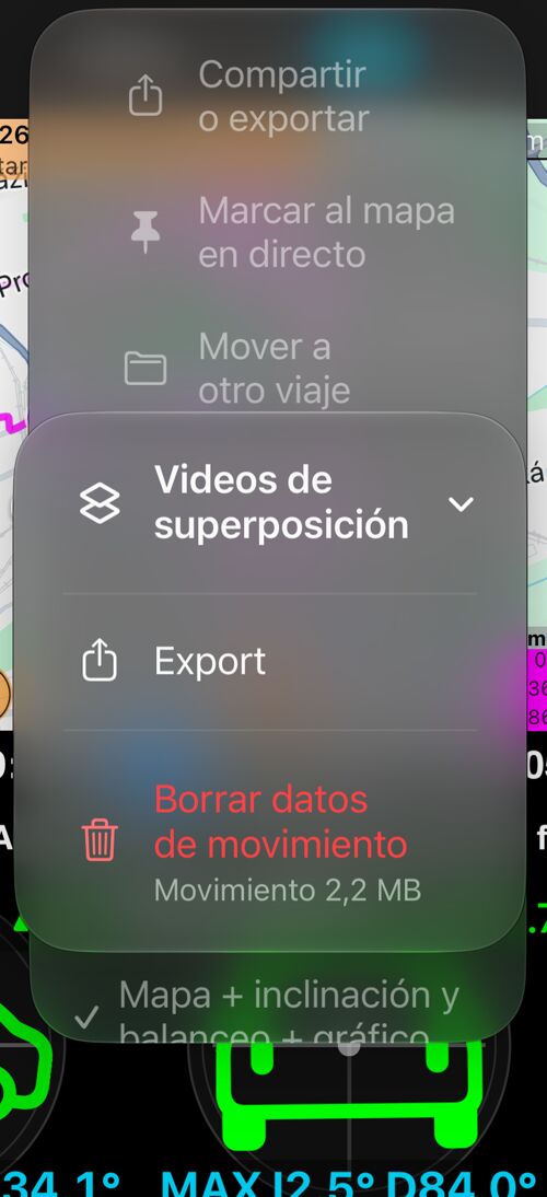 El submenú «Videos de superposición»: «Export» y «Borrar datos de movimiento» con su tamaño