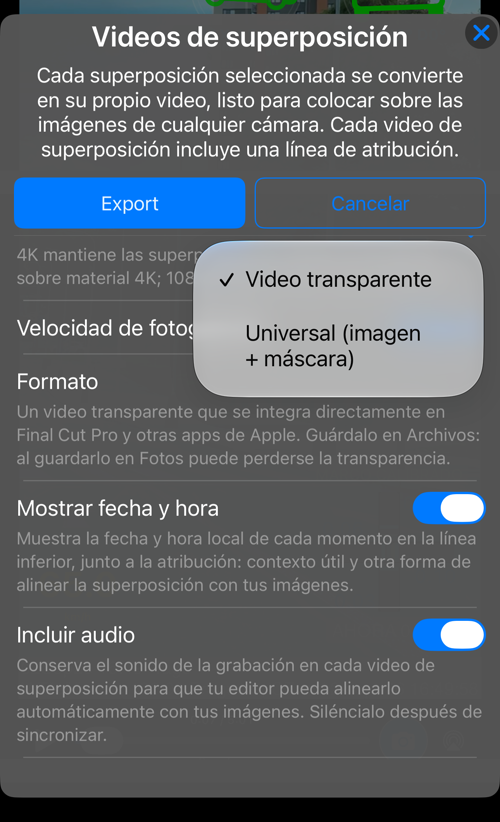 La elección de formato: «Video transparente» o «Universal (imagen + máscara)»