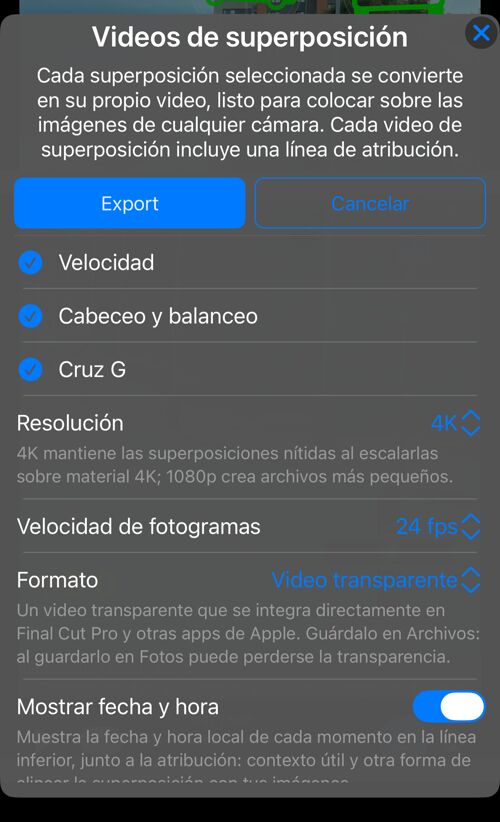 Opciones de los vídeos de superposición: las superposiciones disponibles en esta grabación, todas seleccionadas, y la fila «Resolución»