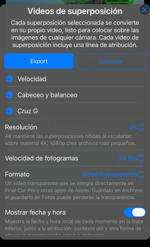 Opciones de los vídeos de superposición: las superposiciones disponibles en esta grabación, todas seleccionadas, y la fila «Resolución»