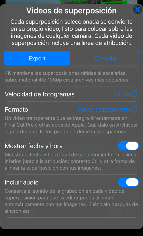 El resto de opciones: «Velocidad de fotogramas», «Formato» con su explicación, «Mostrar fecha y hora» e «Incluir audio»