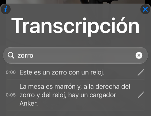 La búsqueda de zorro muestra dos líneas coincidentes de la transcripción con sus tiempos originales y los lápices de edición