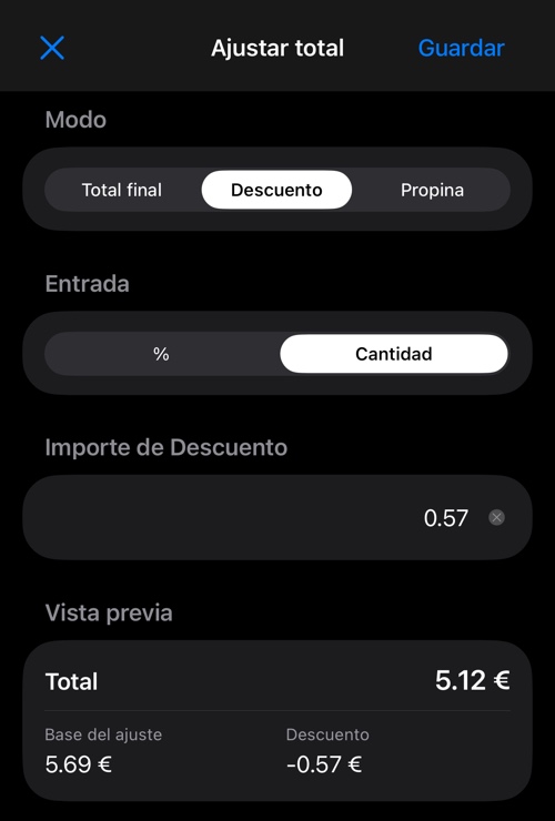 Descuento introducido como cantidad, con el valor convertido