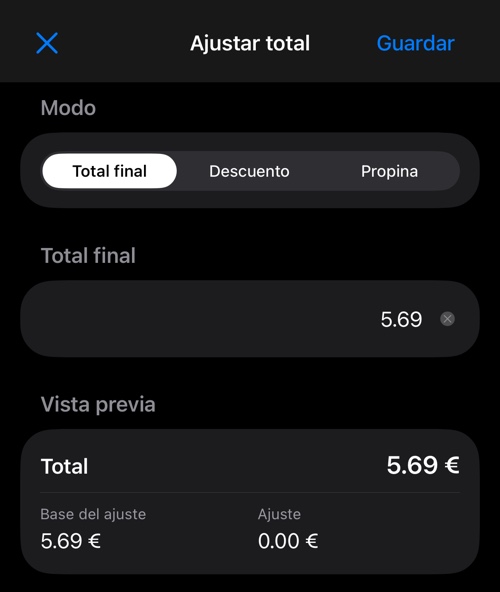 Ajustar total en modo Total final, con el selector de modo, el campo del importe y la vista previa