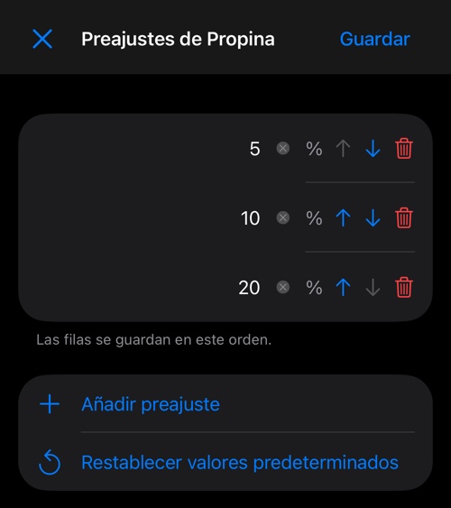 El editor de preajustes de porcentaje con tres filas, Añadir preajuste y Restablecer valores