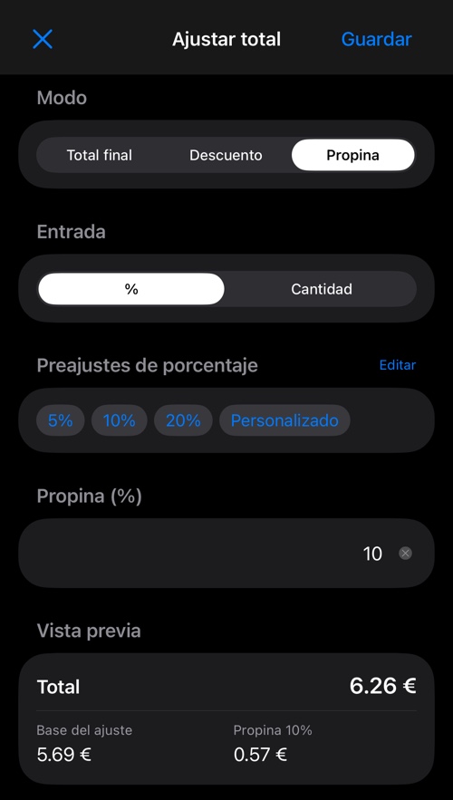 Modo propina con los porcentajes predefinidos, el campo del valor y la vista previa