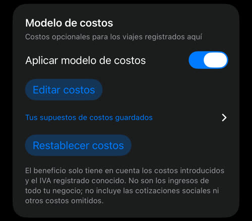 La tarjeta Modelo de costos con los costos guardados: Aplicar modelo de costos activado, Editar costos, Tus supuestos de costos guardados y Restablecer costos
