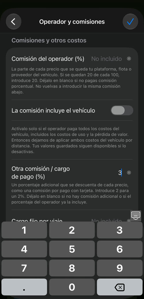 Operador y comisiones: comisión del operador, La comisión incluye el vehículo, otra comisión / cargo de pago con un 3 y cargo fijo por viaje