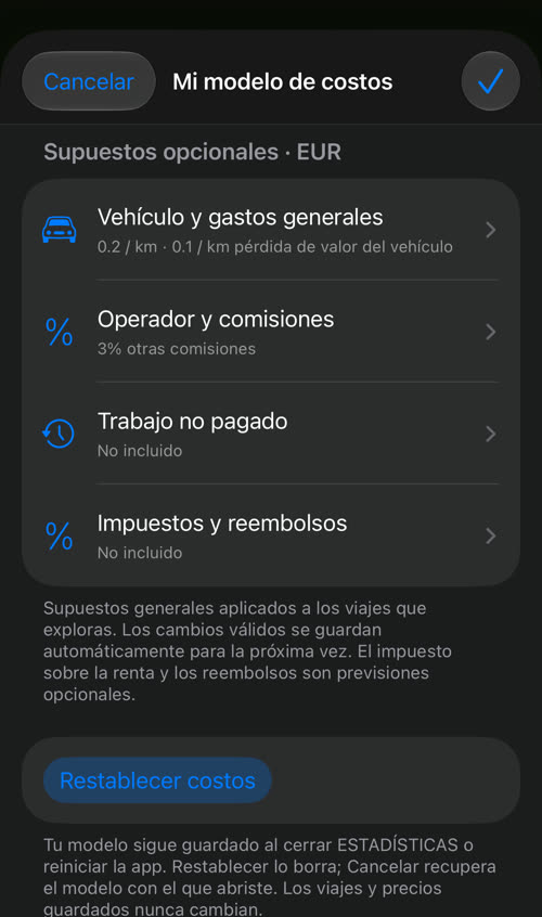 Mi modelo de costos después de guardar: 0.2 / km de costo de uso y 0.1 / km de pérdida de valor del vehículo, 3% otras comisiones