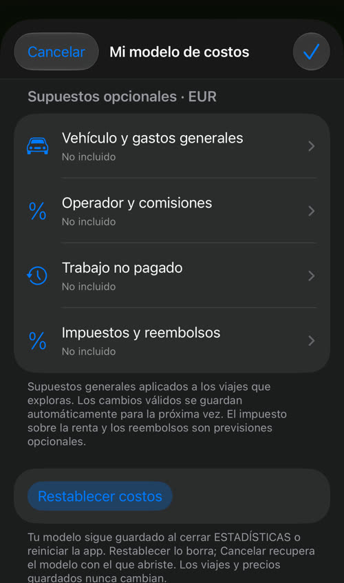 Mi modelo de costos: Vehículo y gastos generales, Operador y comisiones, Trabajo no pagado e Impuestos y reembolsos, todos No incluido