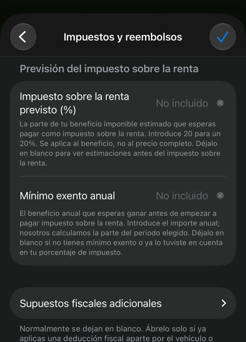Impuestos y reembolsos: impuesto sobre la renta previsto, mínimo exento anual y el botón Supuestos fiscales adicionales