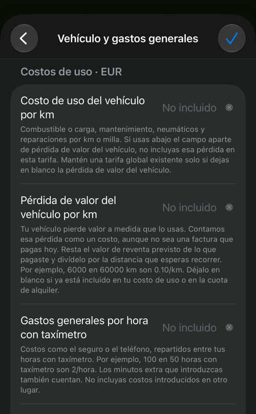 Vehículo y gastos generales: costo de uso del vehículo por km, pérdida de valor del vehículo por km y gastos generales por hora con taxímetro, todos No incluido