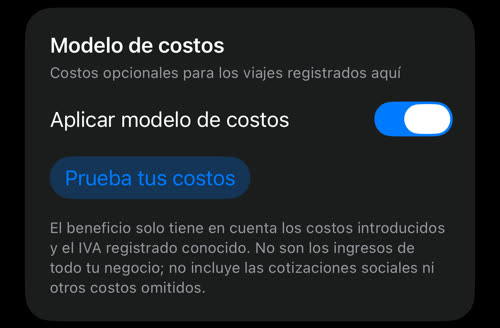 La tarjeta Modelo de costos con Aplicar modelo de costos y el botón Prueba tus costos