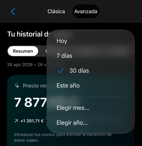 El menú de periodo: Hoy, 7 días, 30 días, Este año, Elegir mes y Elegir año
