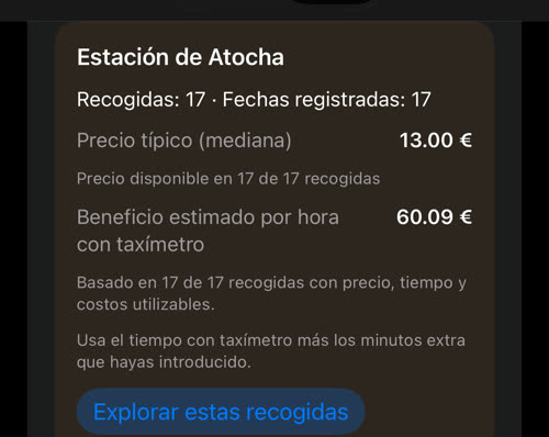 Estación de Atocha a las 07:00 en días laborables: 17 recogidas en 17 fechas, precio típico 13.00 €, beneficio estimado de 60.09 € por hora con taxímetro