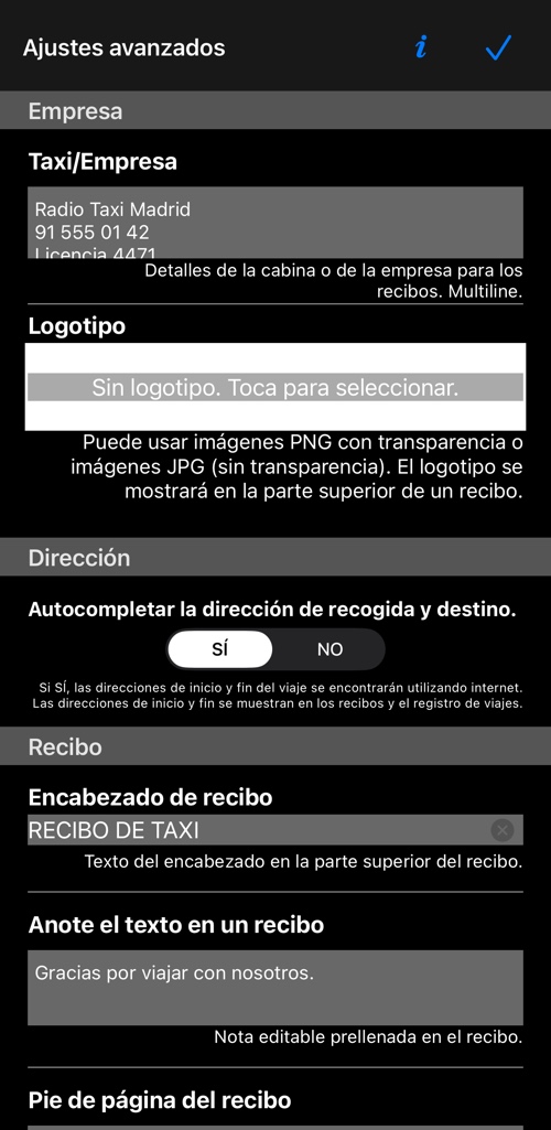 Parte superior de los ajustes avanzados: el bloque de empresa, el logo y el interruptor de direcciones