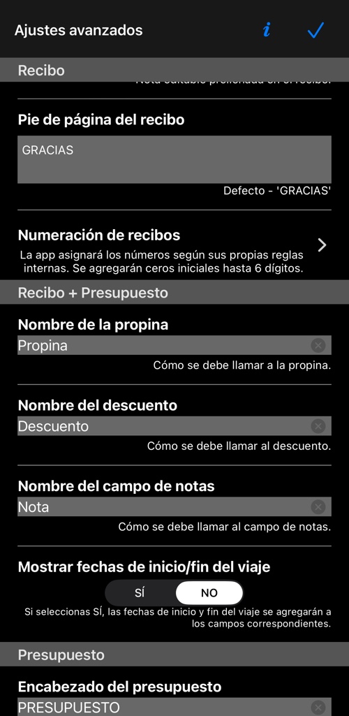 La sección de recibo: encabezado, la nota con la que empieza cada recibo, el pie fijo y la numeración