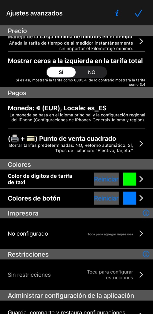 El final de la pantalla: tarifa, pagos, colores, impresora, restricciones y copia de ajustes