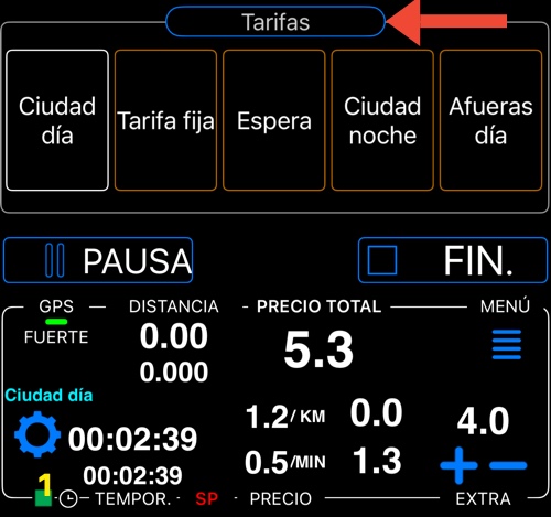 Una flecha roja señala el botón Tarifas encima del panel de cambio de tarifas