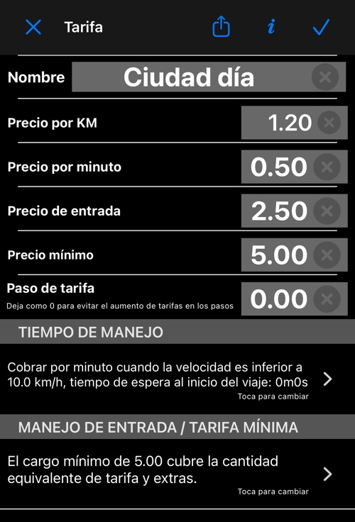 Pantalla de edición de la tarifa con nombre, precio por KM, precio por minuto, precio de entrada, precio mínimo y paso de tarifa