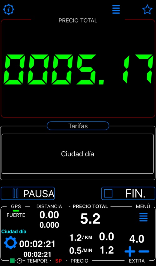 Pantalla principal en la que el cargo por tiempo ha superado el precio mínimo: 5,17