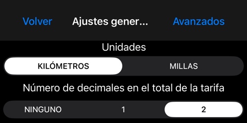 Pantalla Ajustes generales con la elección entre kilómetros y millas