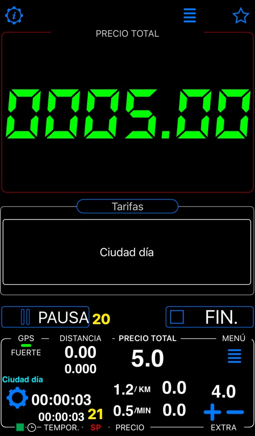 Pantalla principal tras iniciar el viaje: precio total 5,00, extras 4,00, con los botones 20 y 21 señalados