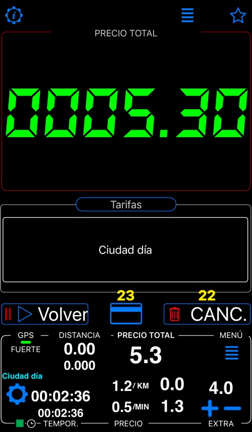 Pantalla principal con el viaje terminado: botones Volver, recibo y Cancelar, señalados con 22 y 23