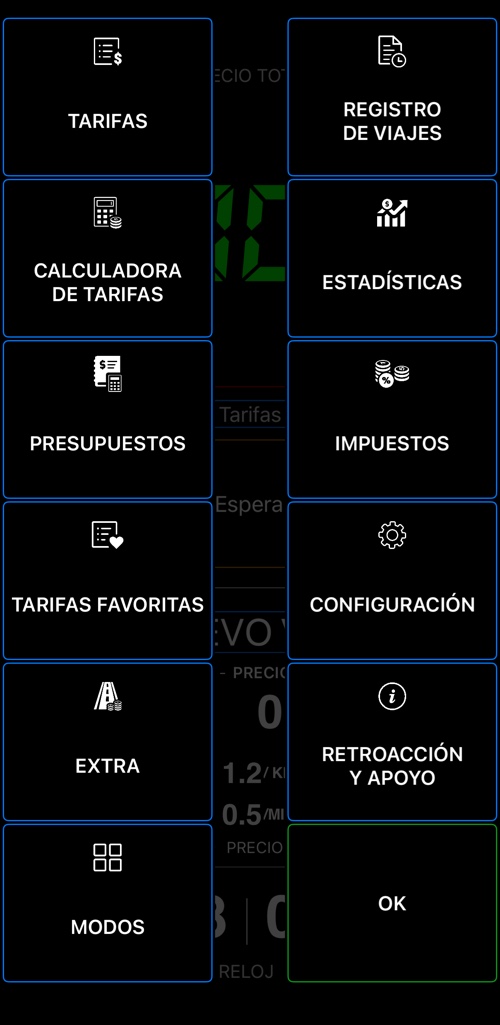 Menú de Taximetro 55 con tarifas, calculadora de tarifas, presupuestos, tarifas favoritas, extras, modos, registro de viajes, estadísticas, impuestos, configuración y soporte