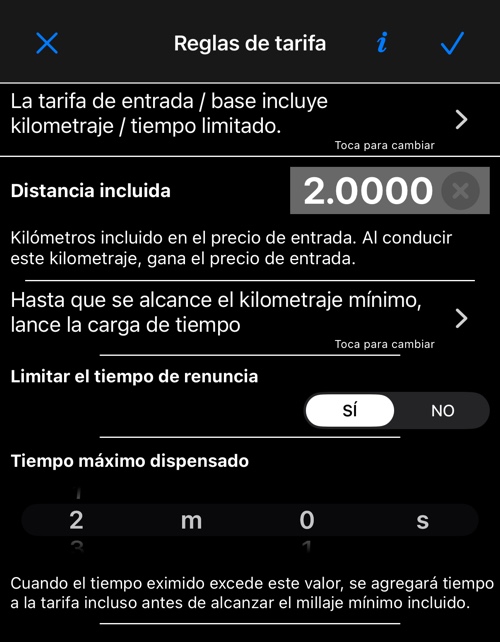 La pantalla Reglas de tarifa: qué incluye la tarifa, la distancia incluida y las reglas de tiempo