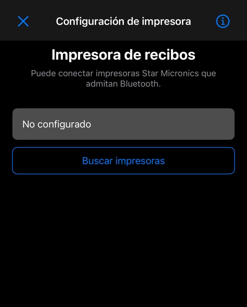 La pantalla de configuración de impresora en iOS: estado, modelos compatibles y un botón para buscar impresoras