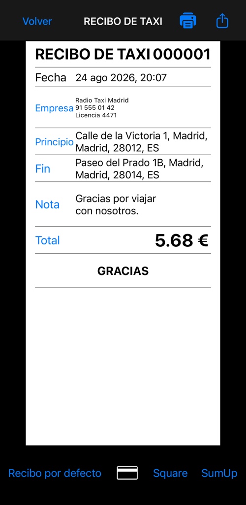 El recibo de taxi simple con encabezado, bloque de empresa, direcciones de recogida y destino, nota y total