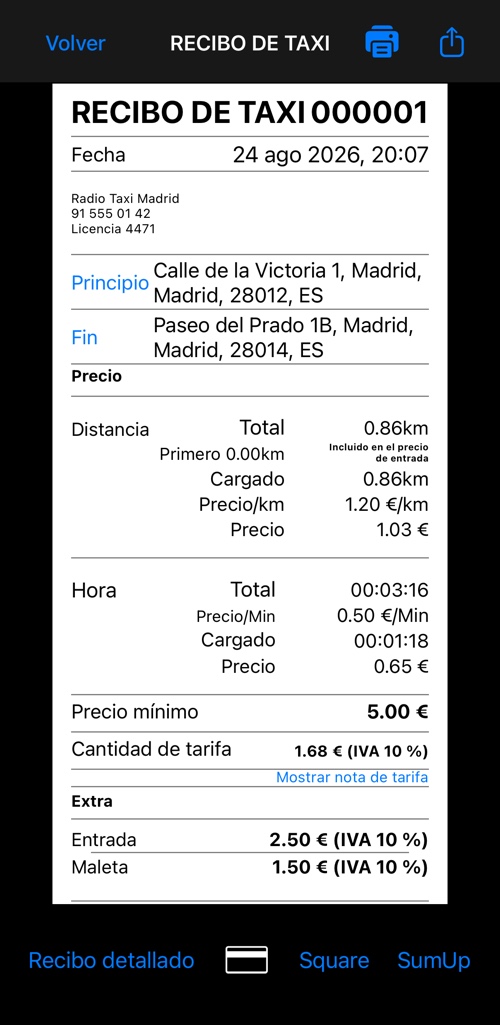 La parte superior del recibo detallado: encabezado, empresa, inicio y fin, y el comienzo del desglose de la tarifa