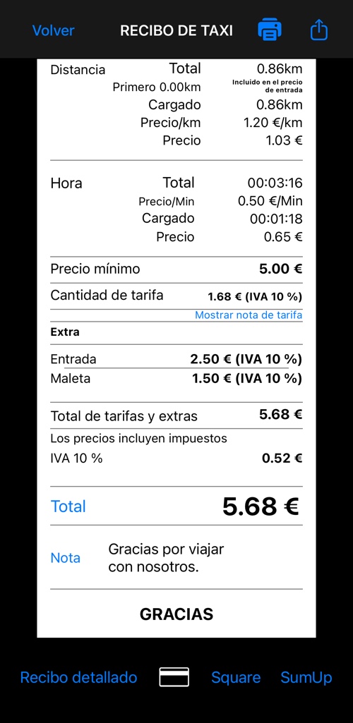 La parte central del recibo detallado: importe por distancia, importe por tiempo, total de tarifa y lista de extras