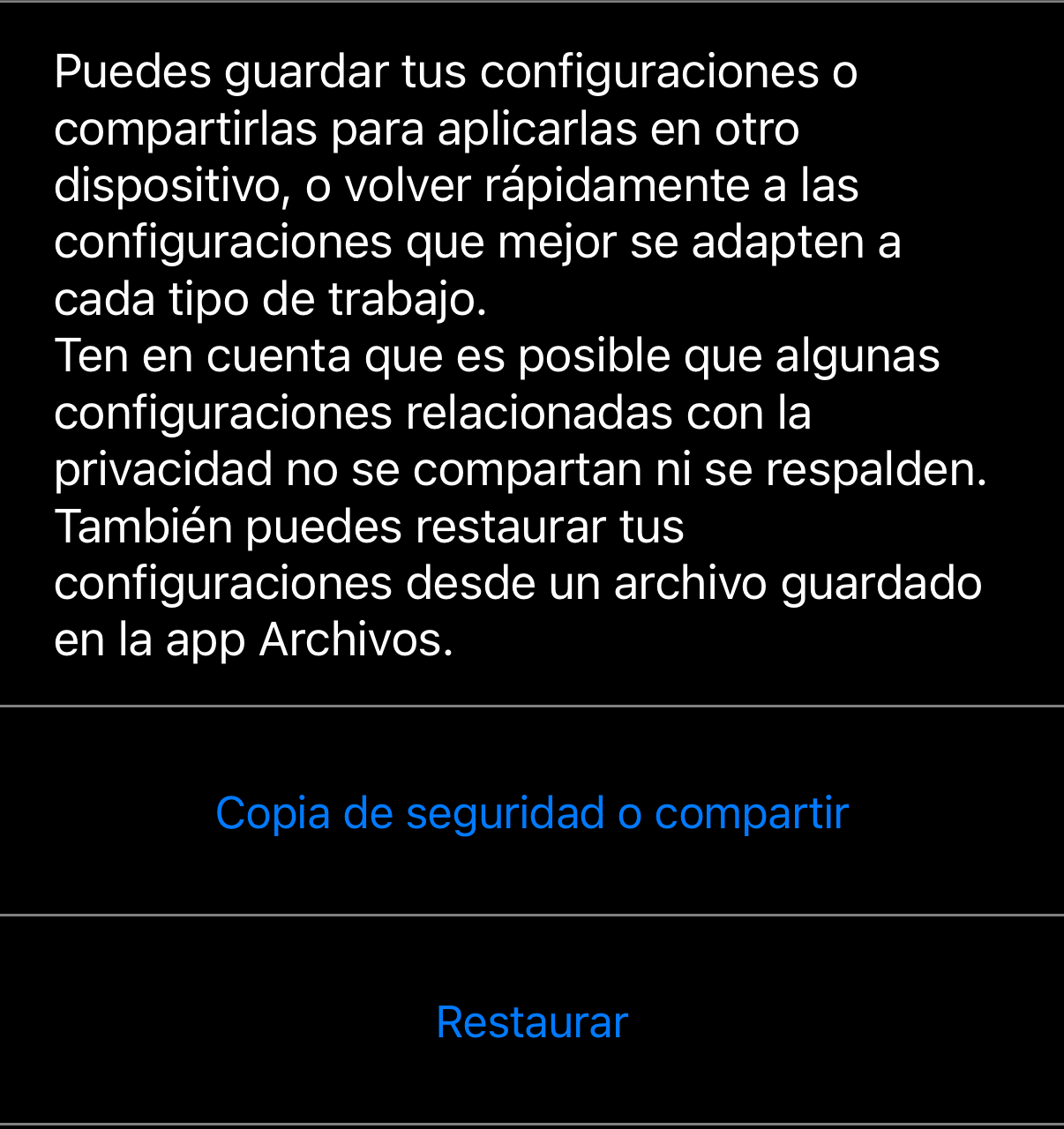 Administrar configuración de la aplicación: la explicación, con «Copia de seguridad o compartir» y «Restaurar» debajo