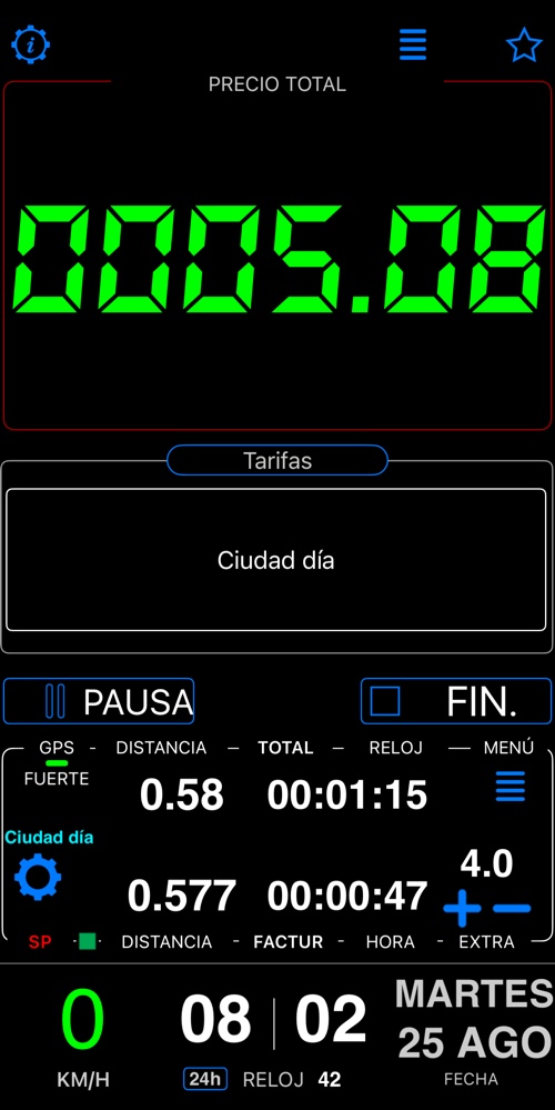 El panel en este modo, con el taxímetro en marcha