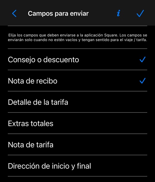El selector de campos a enviar