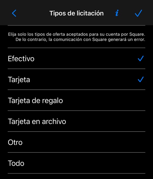 La pantalla de tipos de pago