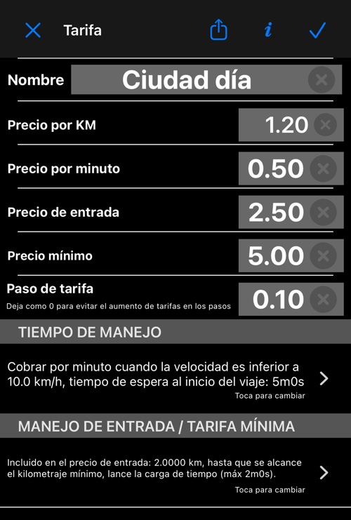 El editor de tarifas con nombre, precios, entrada, mínimo, paso y las dos filas de reglas