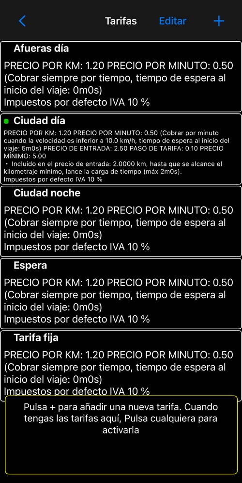 La lista de tarifas, cada fila resumiendo una tarifa entera, con la activa marcada