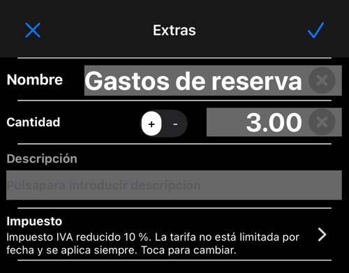 El editor del extra, con la fila del impuesto