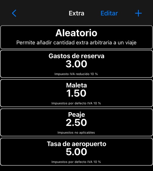 La lista de extras, mostrando qué impuesto lleva cada uno
